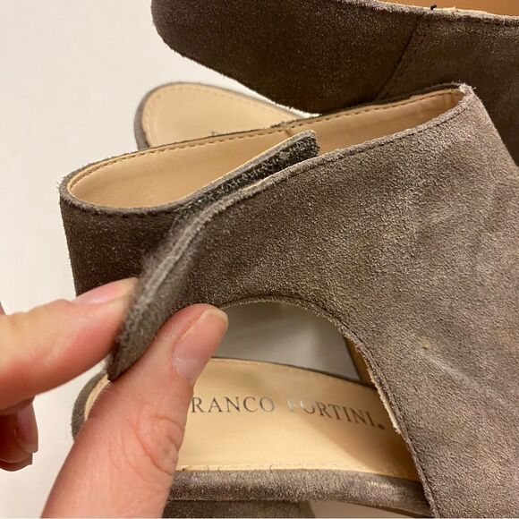 Franco Fortini brown Lisa leather suede block heel open toe pump shoes booties 9 - Picture 11 of 11